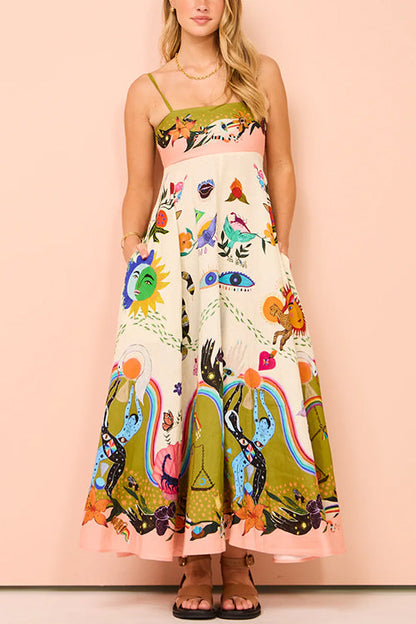 Spaghetti Strap High Waist Unique Print Maxi Swing Dress