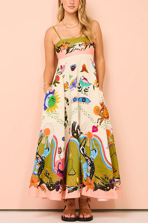 Spaghetti Strap High Waist Unique Print Maxi Swing Dress