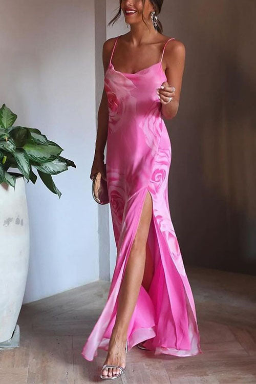 Spaghetti Strap Open Back High Slit Floral Maxi Dress