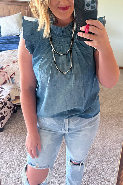 Mockneck Flutter Sleeves Ruched Denim Top
