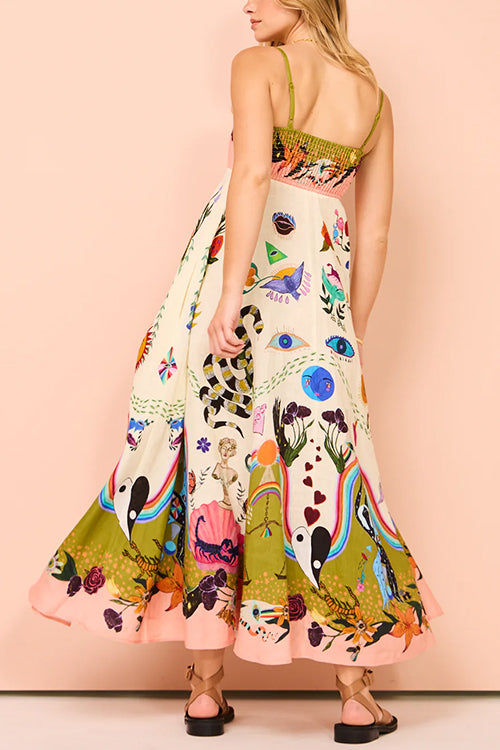 Spaghetti Strap High Waist Unique Print Maxi Swing Dress