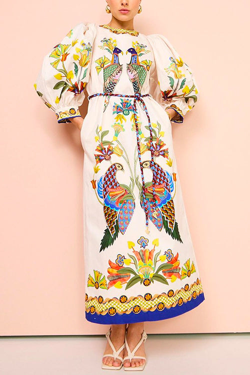 3/4 Puff Sleeves Back Slit Birdie Printed Maxi Dress