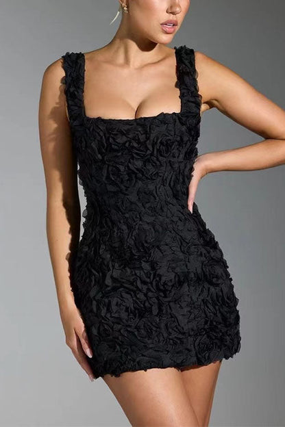 Chic Square Collar 3D Roses Sleeveless Mini Dress