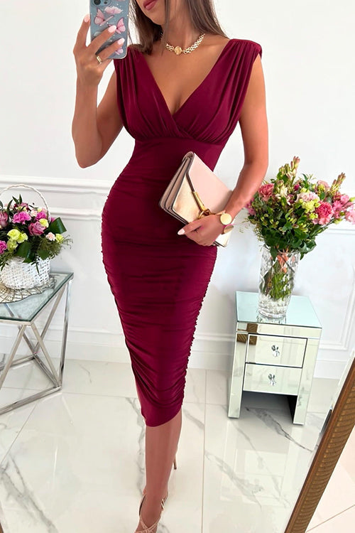 Deep V Neck High Waist Knee Length Sheath Dress with Belt