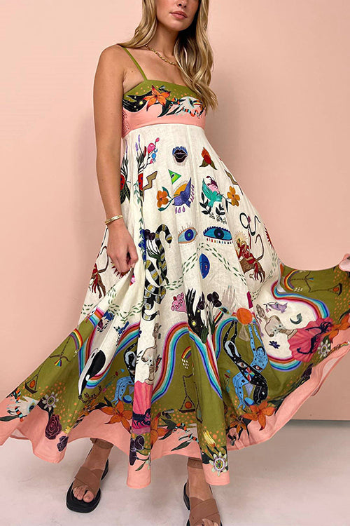 Spaghetti Strap High Waist Unique Print Maxi Swing Dress