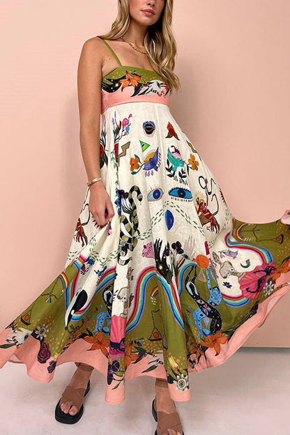 Spaghetti Strap High Waist Unique Print Maxi Swing Dress