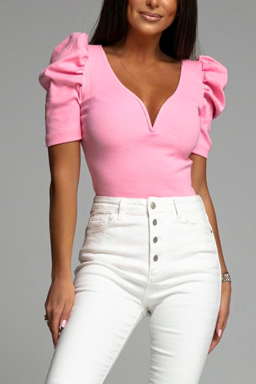 V Neck Bubble Sleeve Solid Slim Knitting Top