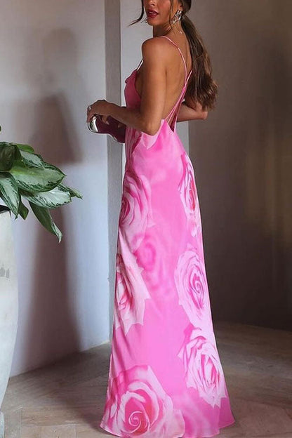 Spaghetti Strap Open Back High Slit Floral Maxi Dress