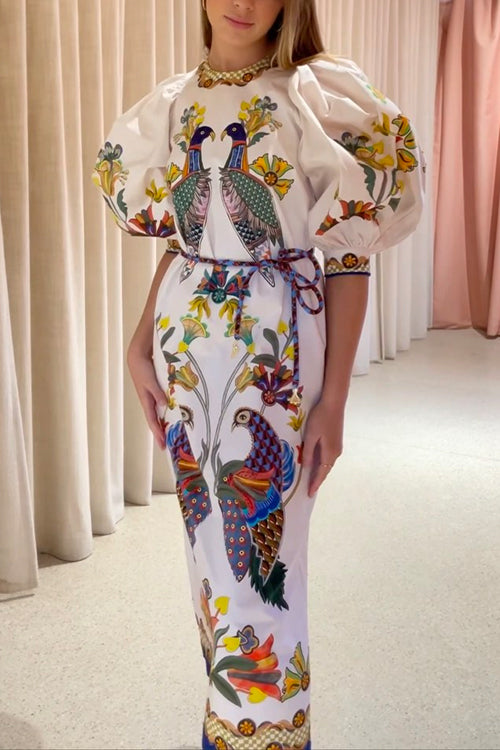 3/4 Puff Sleeves Back Slit Birdie Printed Maxi Dress