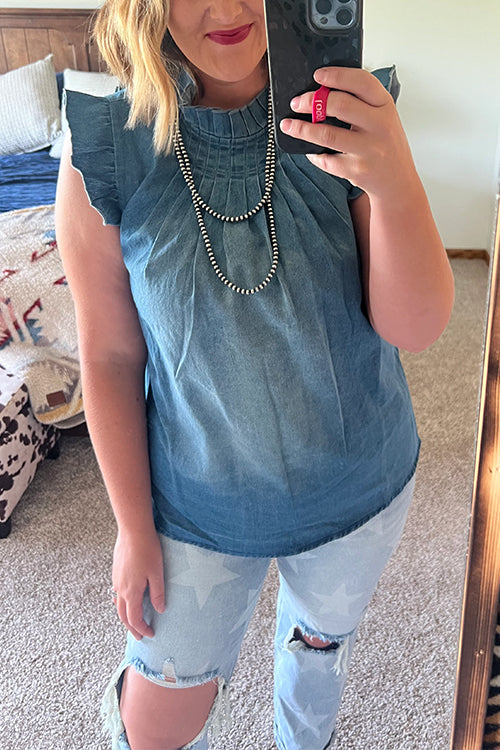 Mockneck Flutter Sleeves Ruched Denim Top
