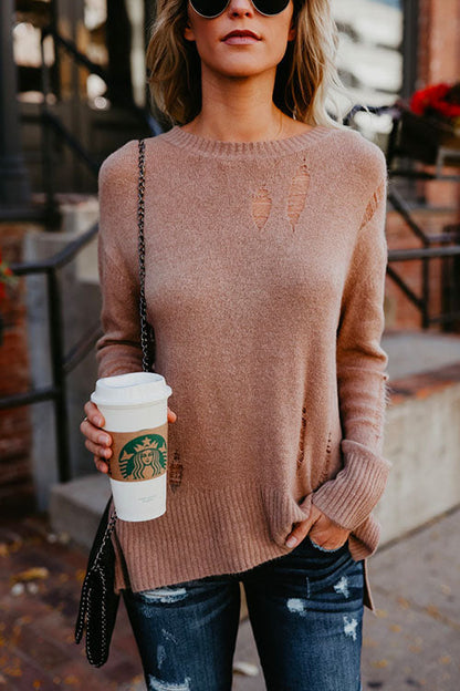 Crewneck Side Split Ripped Comfy Sweater