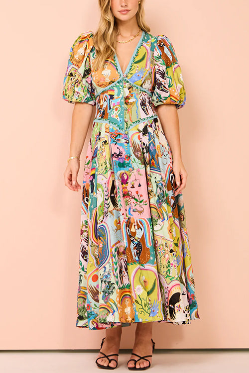 V Neck Puff Sleeves Cotton Linen Unique Print Maxi Dress