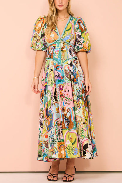 V Neck Puff Sleeves Cotton Linen Unique Print Maxi Dress