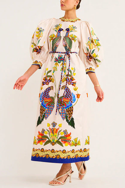 3/4 Puff Sleeves Back Slit Birdie Printed Maxi Dress