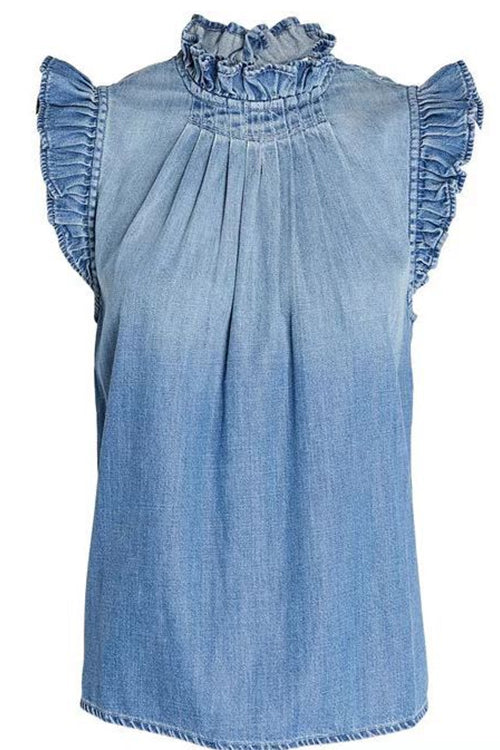 Mockneck Flutter Sleeves Ruched Denim Top