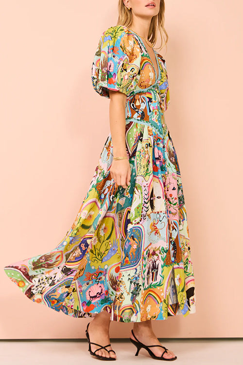 V Neck Puff Sleeves Cotton Linen Unique Print Maxi Dress