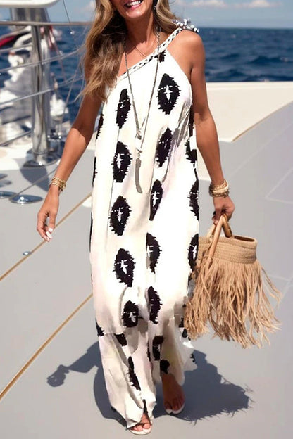 Tie Knot One Shoulder Boho Printed Maxi Vacation Dress