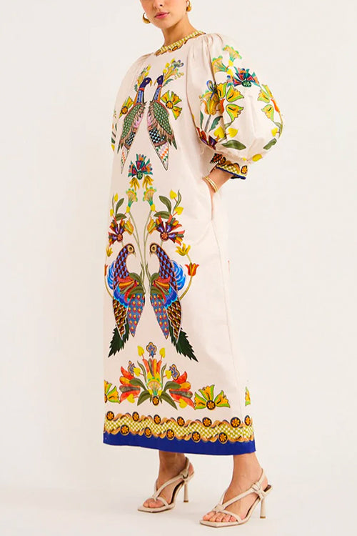 3/4 Puff Sleeves Back Slit Birdie Printed Maxi Dress