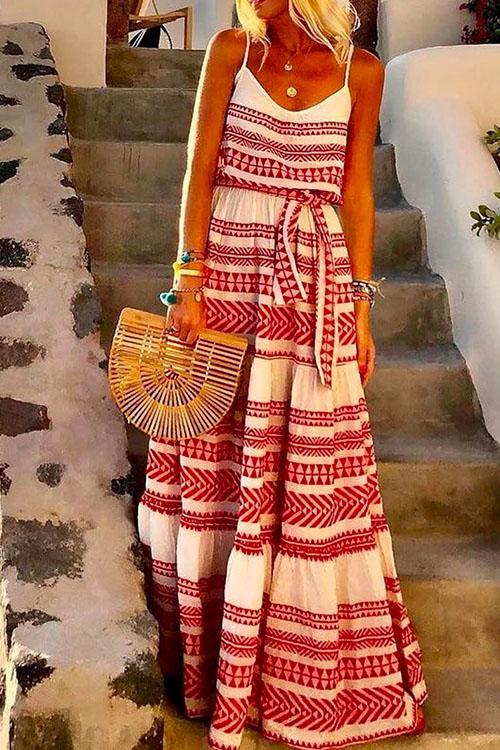 Bohemia V Neck Tie Waist Printed Maxi Cami Dress