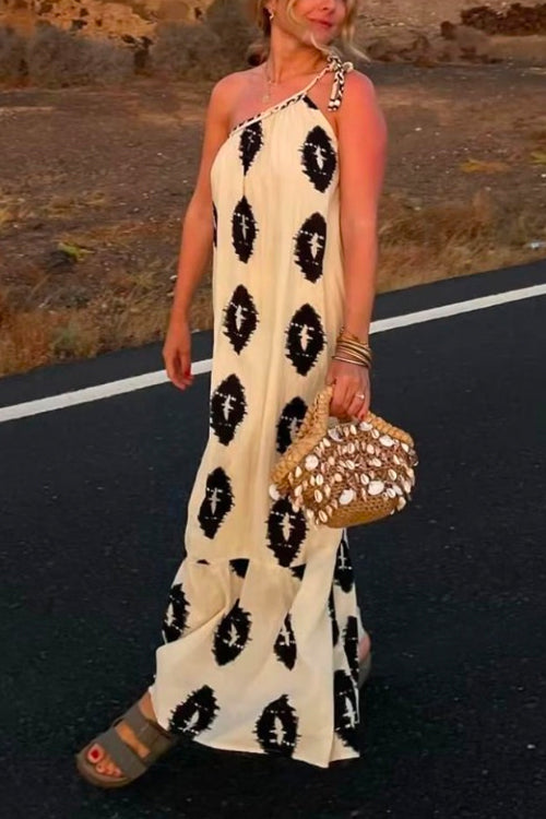Tie Knot One Shoulder Boho Printed Maxi Vacation Dress
