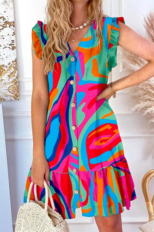 V Neck Button Up Printed Ruffle A-line Dress