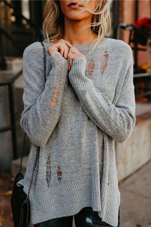 Crewneck Side Split Ripped Comfy Sweater