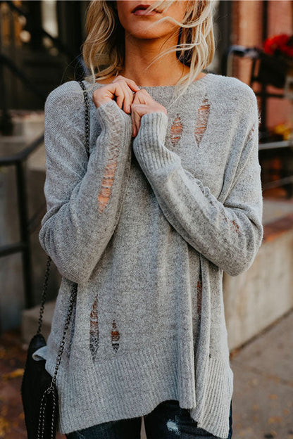 Crewneck Side Split Ripped Comfy Sweater