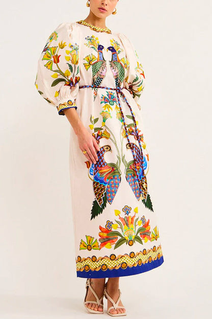 3/4 Puff Sleeves Back Slit Birdie Printed Maxi Dress