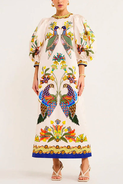 3/4 Puff Sleeves Back Slit Birdie Printed Maxi Dress