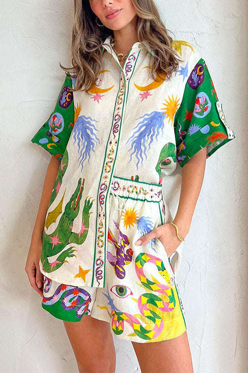 Cartoon Printed Half Sleeves Blouse Shirt Drawstring Waist Shorts Set