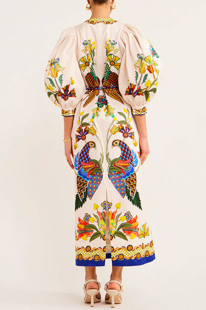 3/4 Puff Sleeves Back Slit Birdie Printed Maxi Dress