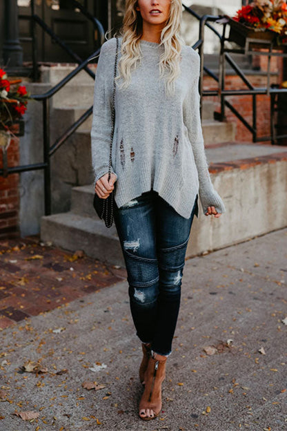 Crewneck Side Split Ripped Comfy Sweater