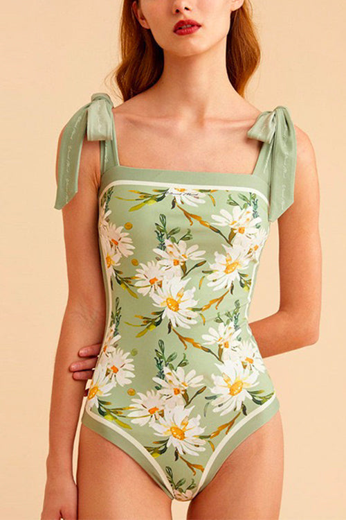 Bow Shoulder Floral Print One-piece Swimsuit