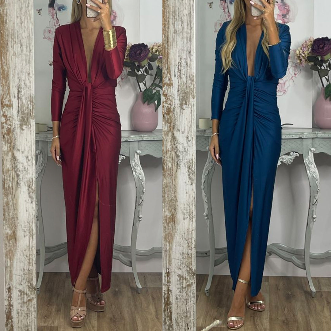 Deep V Neck Ruched Slit Maxi Bodycon Dress