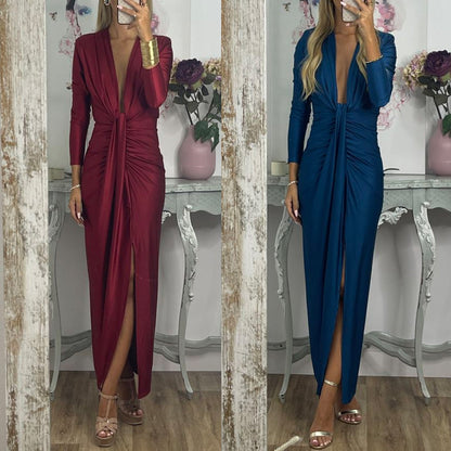 Deep V Neck Ruched Slit Maxi Bodycon Dress