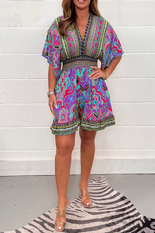 V Neck High Waist Wide Leg Printed Ruffle Romper