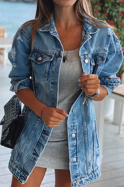 Button Down Ripped Distressed Denim Coat