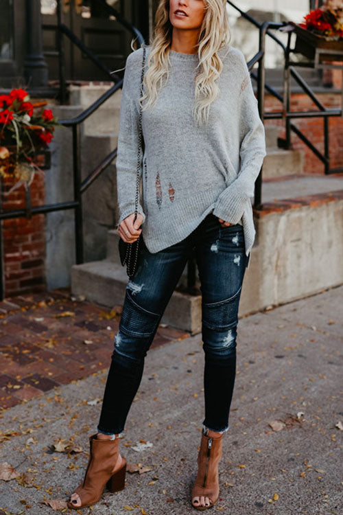 Crewneck Side Split Ripped Comfy Sweater