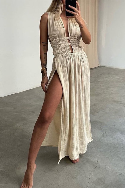 Deep V Neck Cut Out High Slit Cotton Linen Maxi Beach Dress