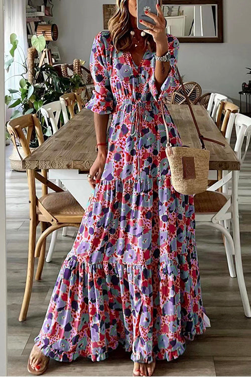 V Neck Drawstring Waist Ruffle Tiered Printed Maxi Holiday Dress