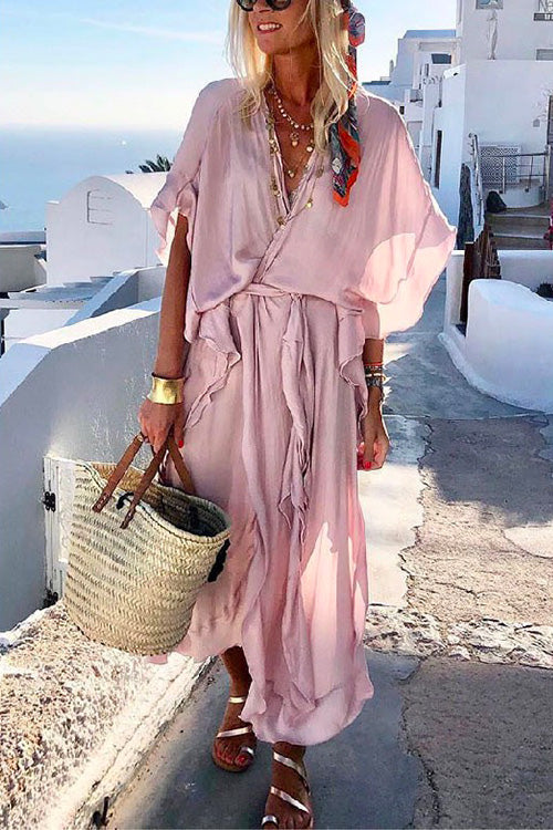 V Neck Batwing Sleeve Tie Waist Ruffle Wrapped Dress