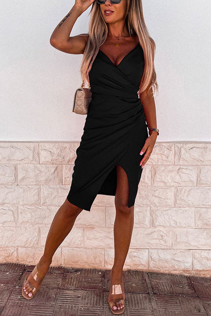 Cross V Neck Ruched Slit Midi Cami Party Dress