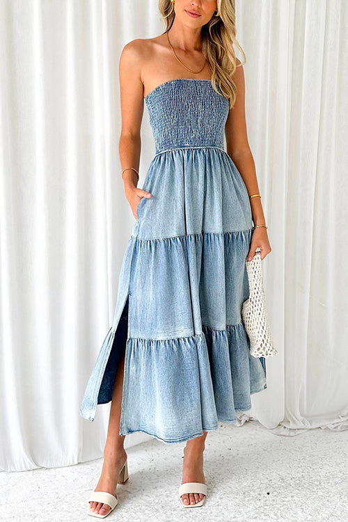 Strapless Tube Side Slit Ruffle Tiered Denim Dress