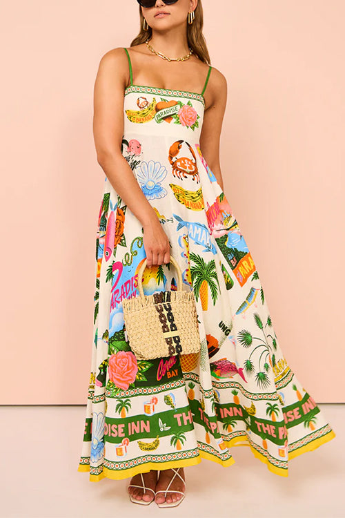 Spaghetti Strap Tropic Print Swing Maxi Vacation Dress