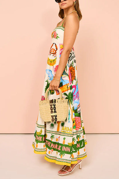 Spaghetti Strap Tropic Print Swing Maxi Vacation Dress