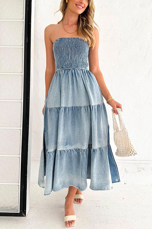 Strapless Tube Side Slit Ruffle Tiered Denim Dress