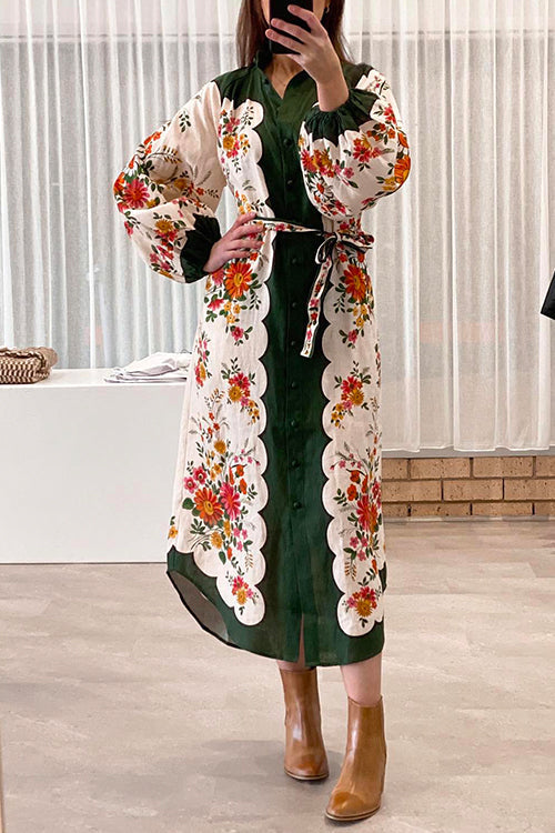 Vintage Puff Sleeves Tie Waist Floral Midi Shirt Dress