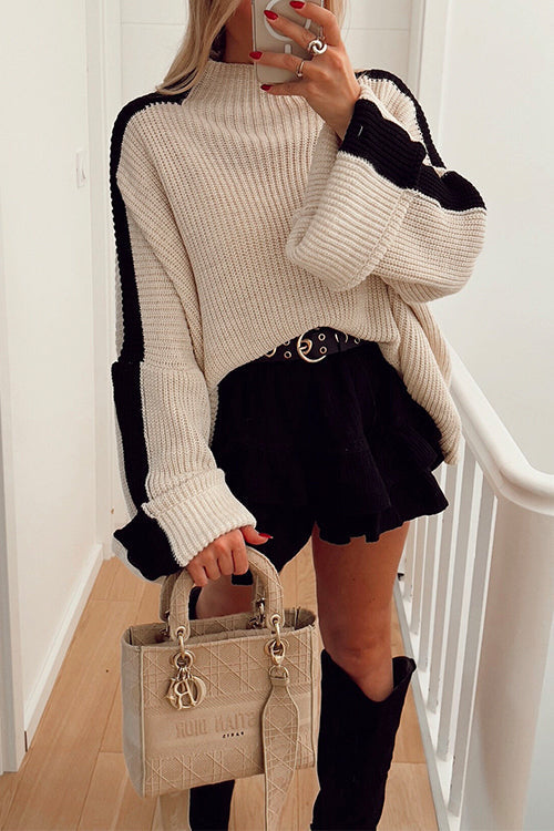 Turtleneck Color Block Ribbed Knit Loose Sweater