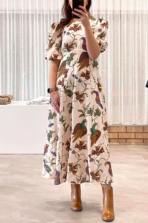Puff Sleeves High Waist Unique Printed Maxi Swing Dress
