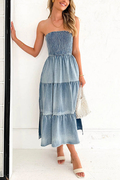Strapless Tube Side Slit Ruffle Tiered Denim Dress